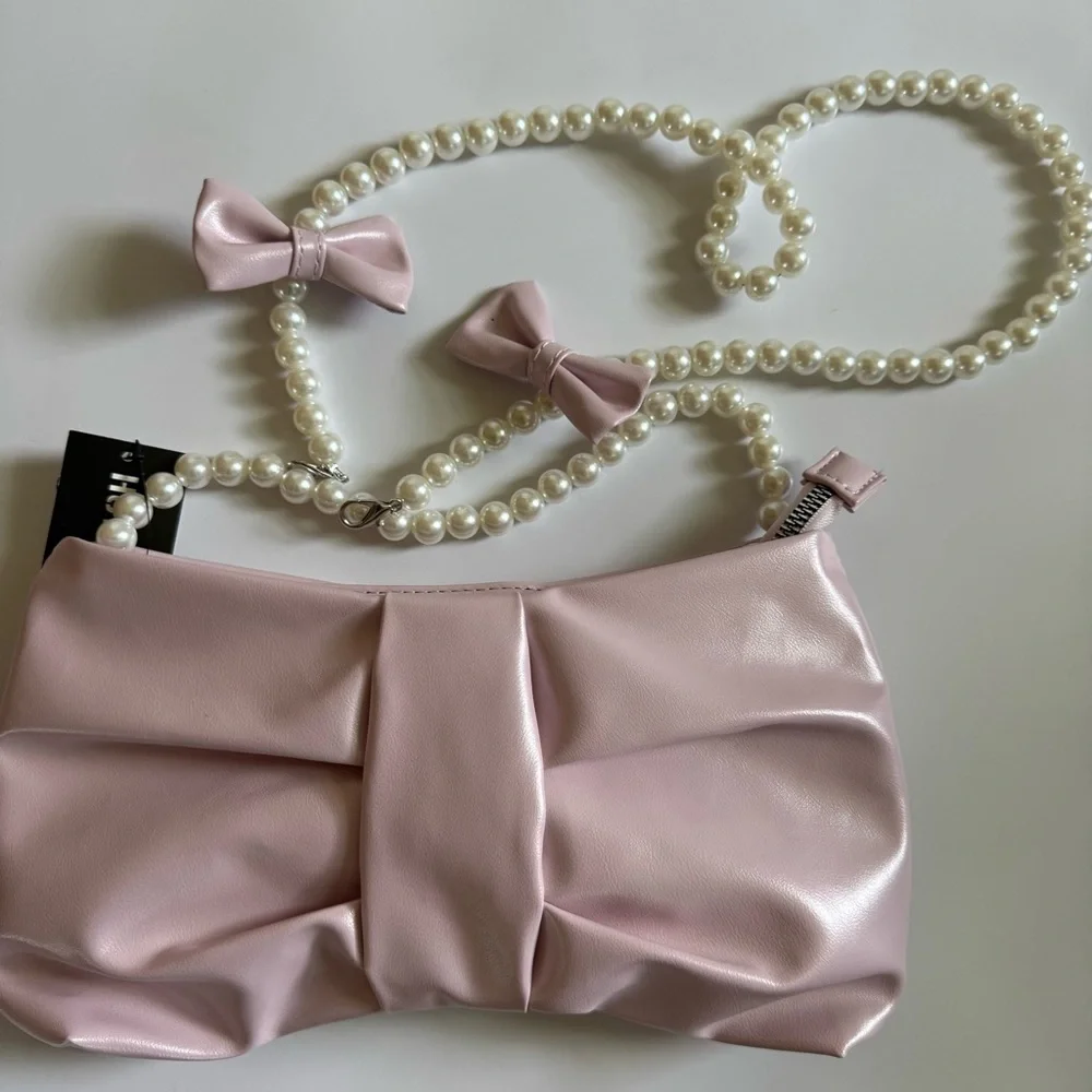 Elegant Pink Bow Clutch with Pearl Handle or add Pearl Shoulder Straps